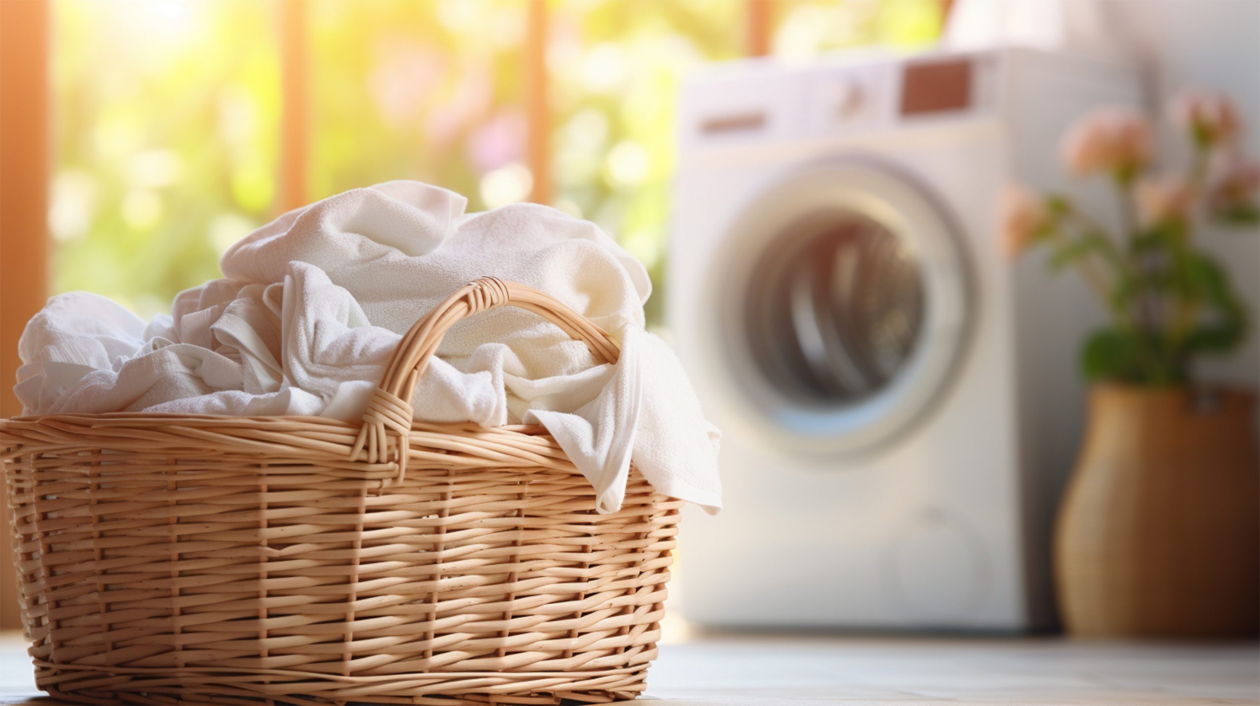 V košari brisače, v ozadju pralni stroj; koncept pranja brisač