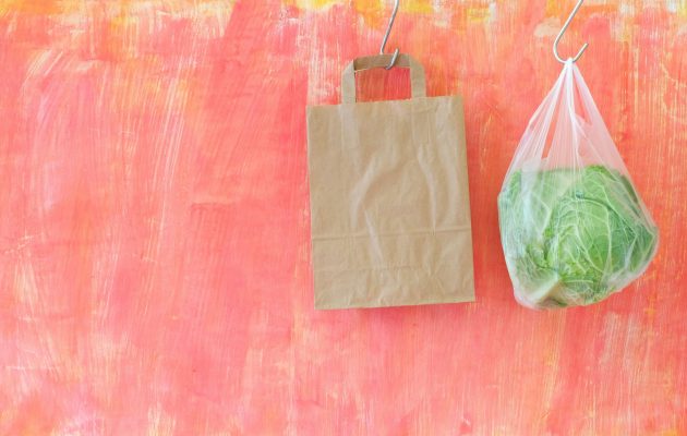 Zelje v plastični vrečki, poleg pa papirnata vrečka