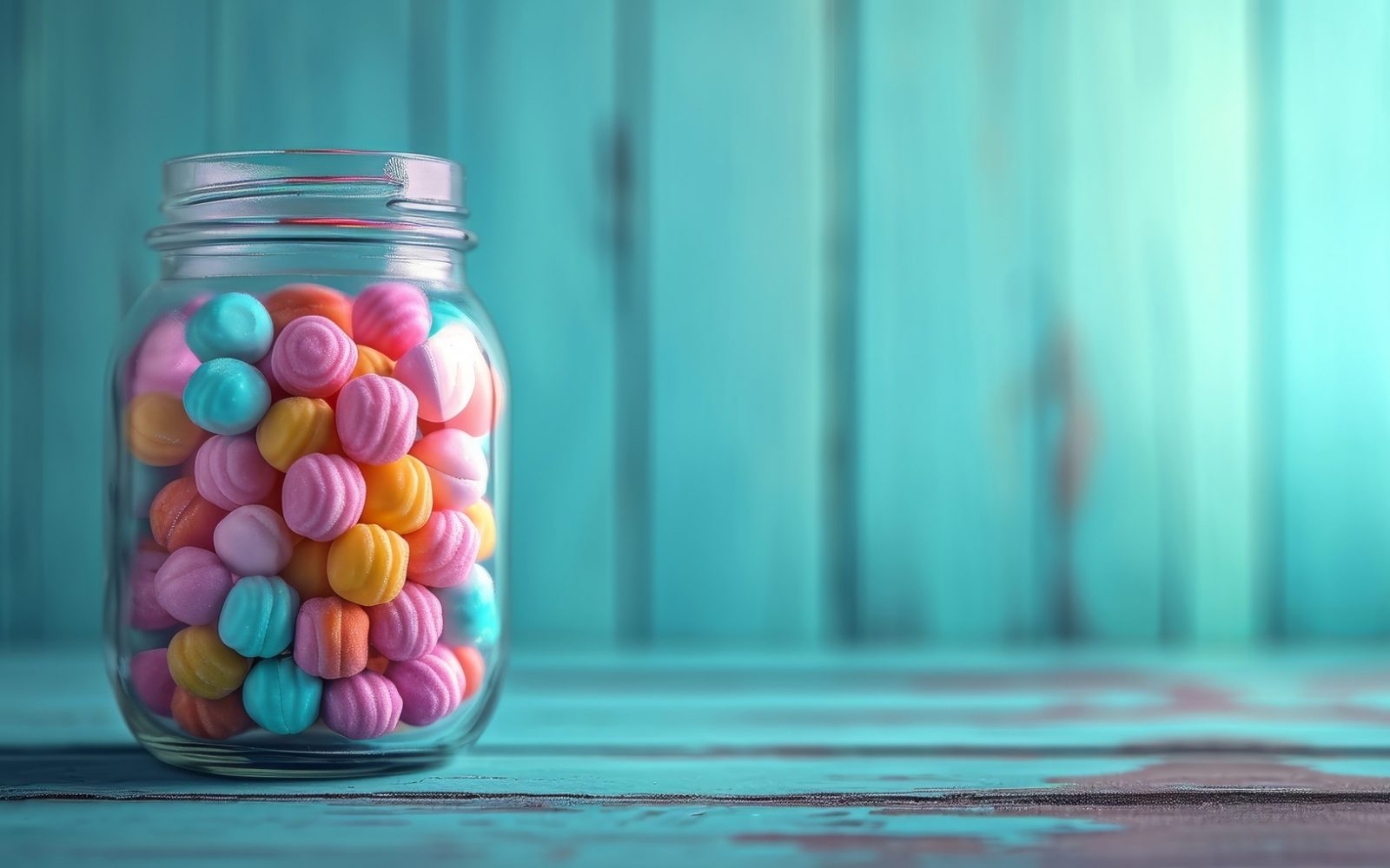 Barviti bonboni v steklenem kozarcu na modrem ozadju