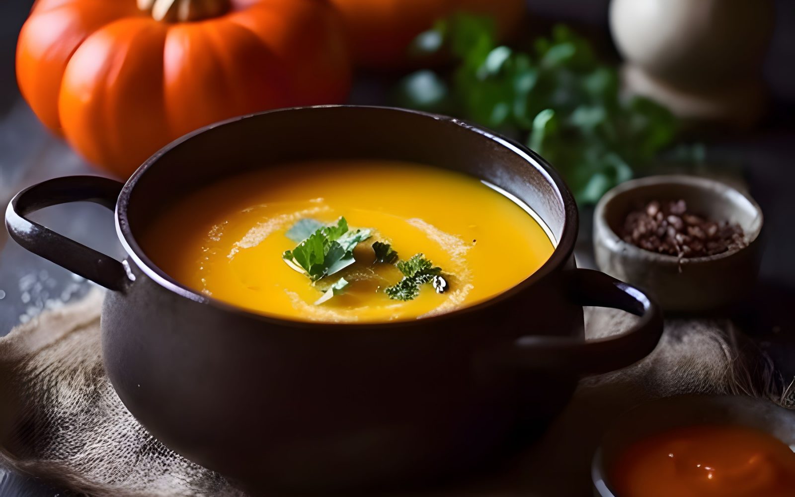 Kremna bučna juha postrežena v loncu, z okrasom svežih zelišč.