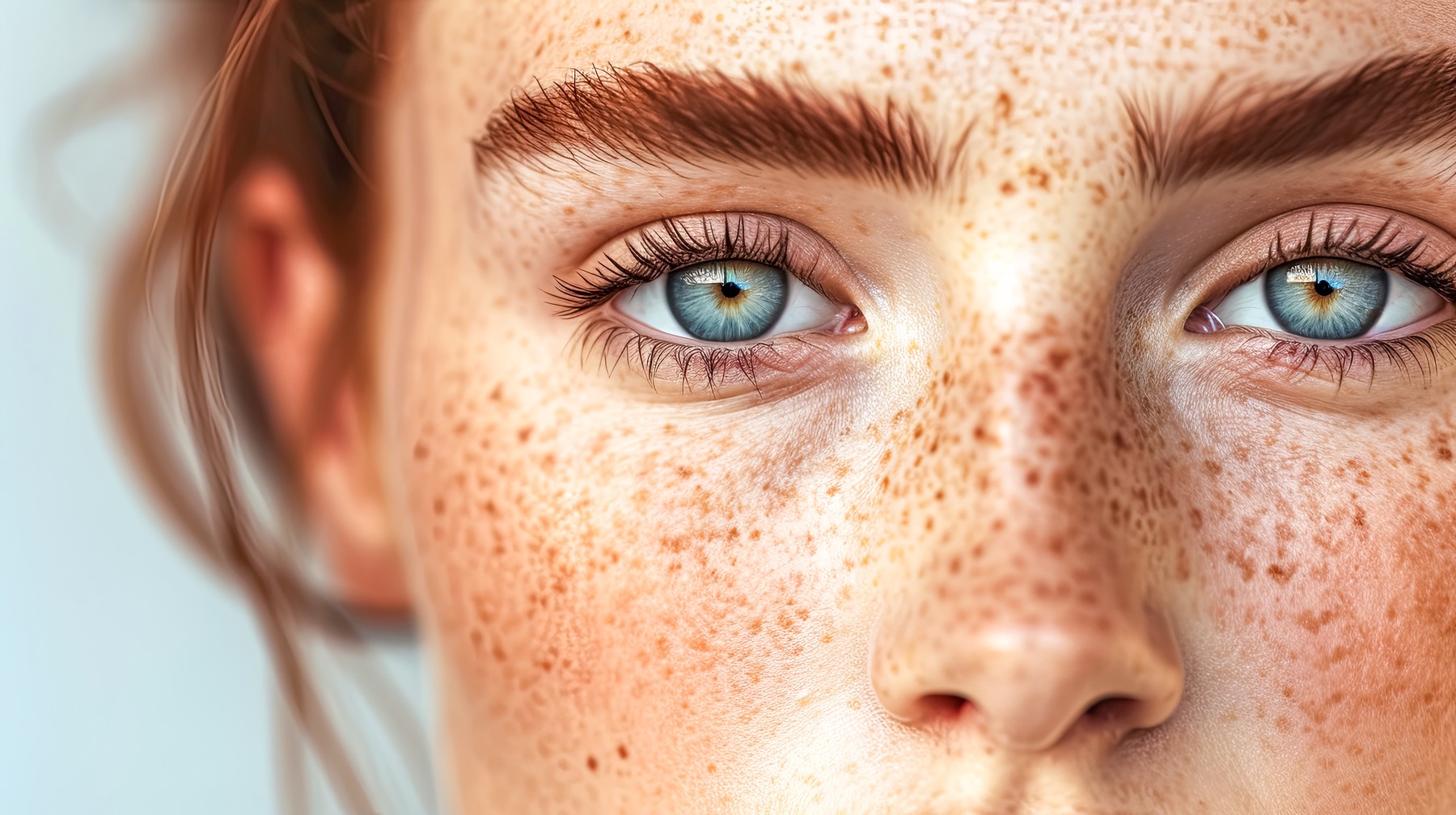 Bljižnji posnetek osebe z modrimi očmi in pegicami na obrazu.