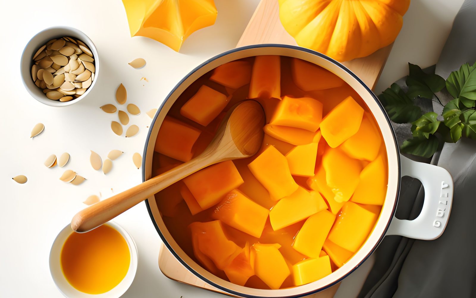 Kuhanje buče v loncu s semeni in bučnim oljem, priprava za bučno juho.