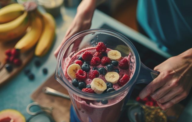 Blender napolnjen s svežimi bananami, malinami in borovnicami, pripravljen za izdelavo zdravega smoothieja