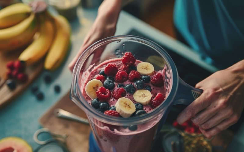 Blender napolnjen s svežimi bananami, malinami in borovnicami, pripravljen za izdelavo zdravega smoothieja