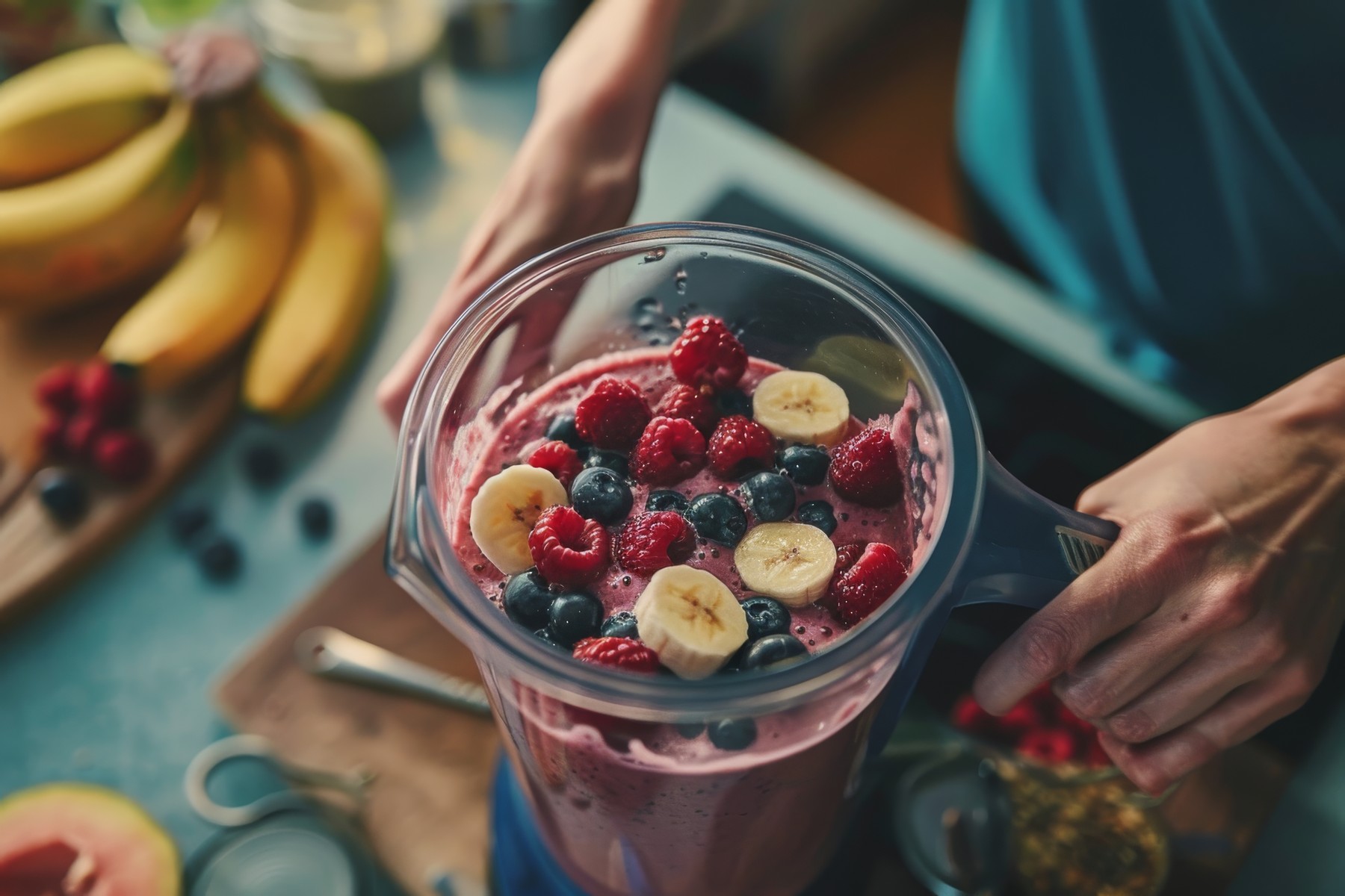 Blender napolnjen s svežimi bananami, malinami in borovnicami, pripravljen za izdelavo zdravega smoothieja