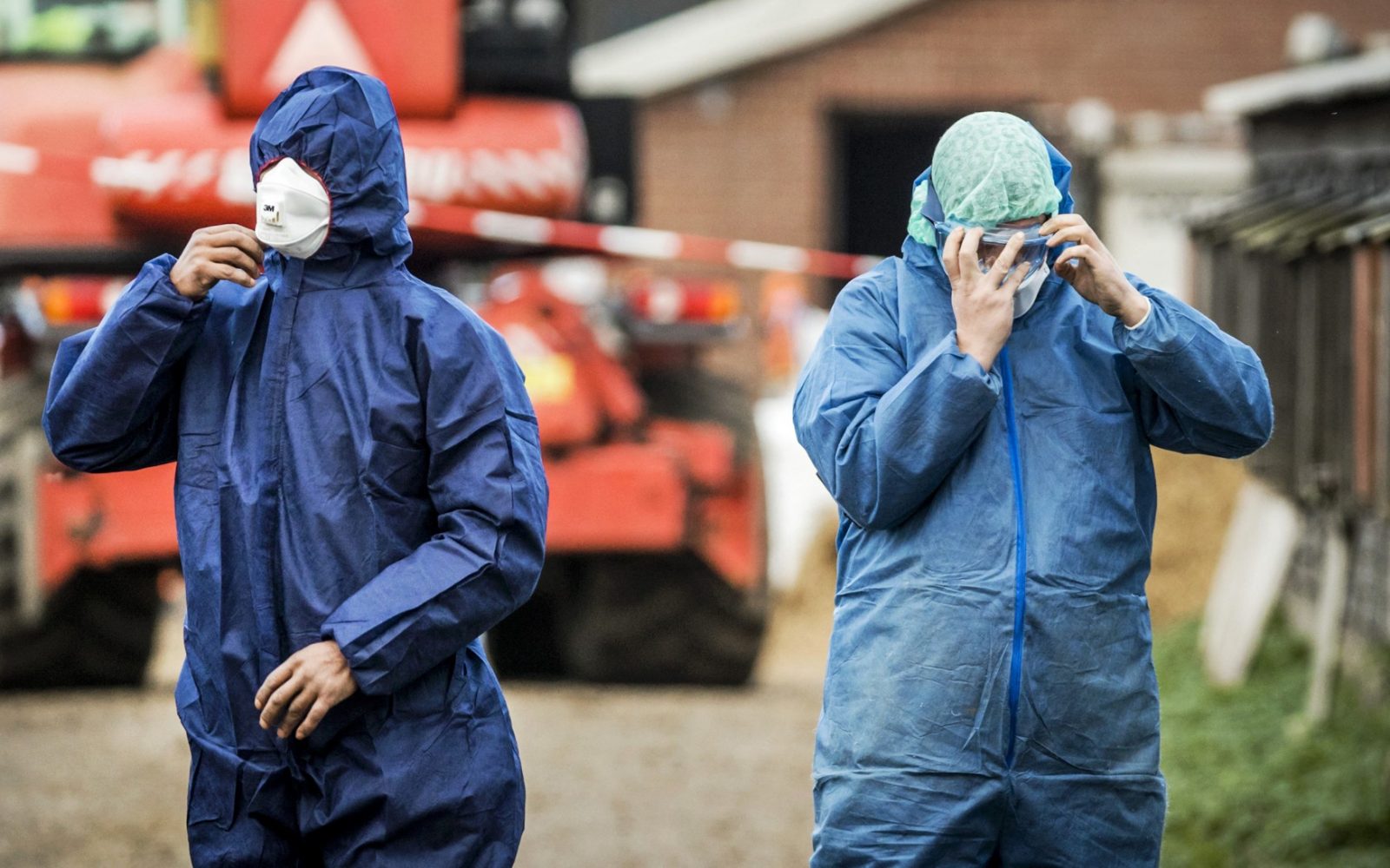 Dva moška sta v maskah in skafandrih zaradi ptičje gripe