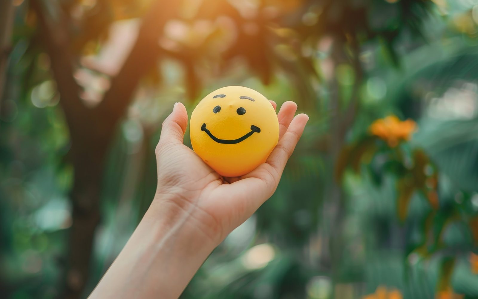 Ženska drži rumen smeško kamen v naravi – simbol sreče in pozitivnosti