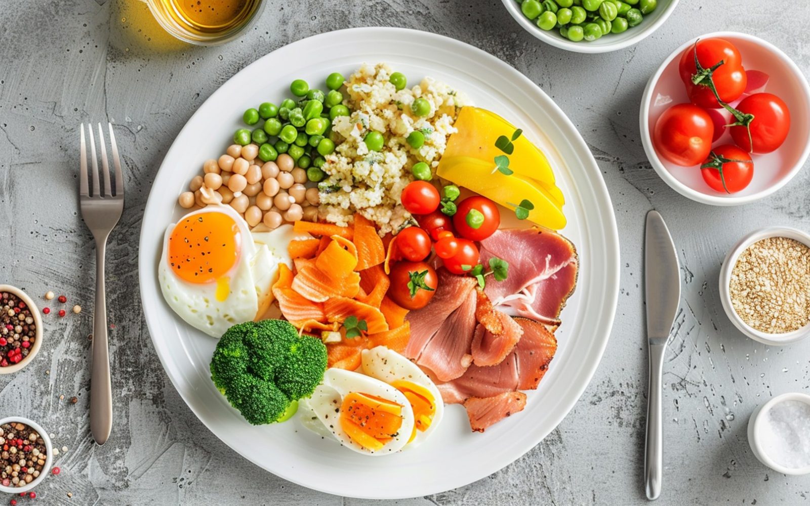 Uravnotežen krožnik z beljakovinami, zelenjavo in polnozrnatimi živili