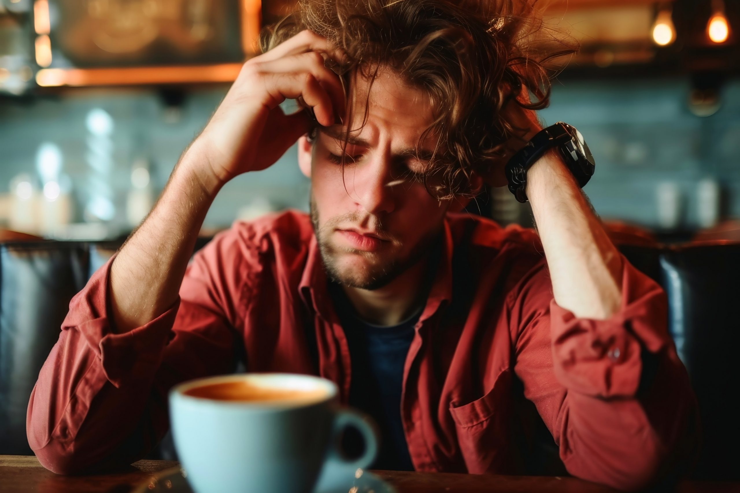 Zaspan moški ima pred sabo kavo