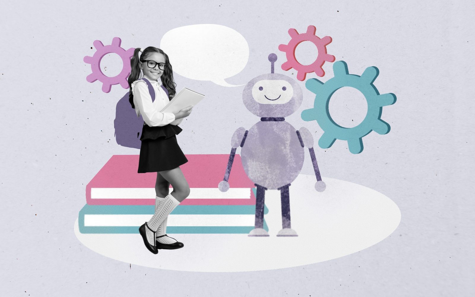 Deklica se pripravlja na šolo. pri tem ji družbo dela robot.