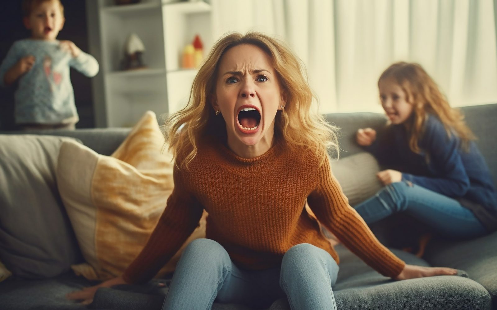 Živčna mati se jezi, v ozadju sta dva otroka. Stres pri staršu vpliva na otroke