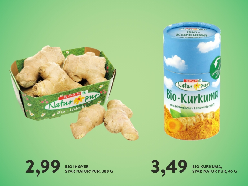 Bio ingver Spar Naturpur v kartonski embalaži in bio kurkuma Spar Naturpur v lončku.