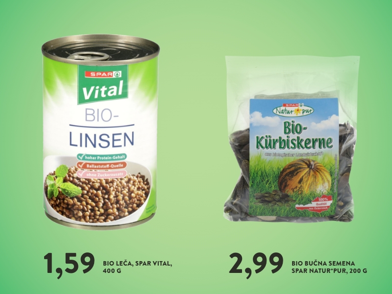 Bio leča Spar Vital v konzervi in bio bučna semena Spar Naturpur v vrečki.