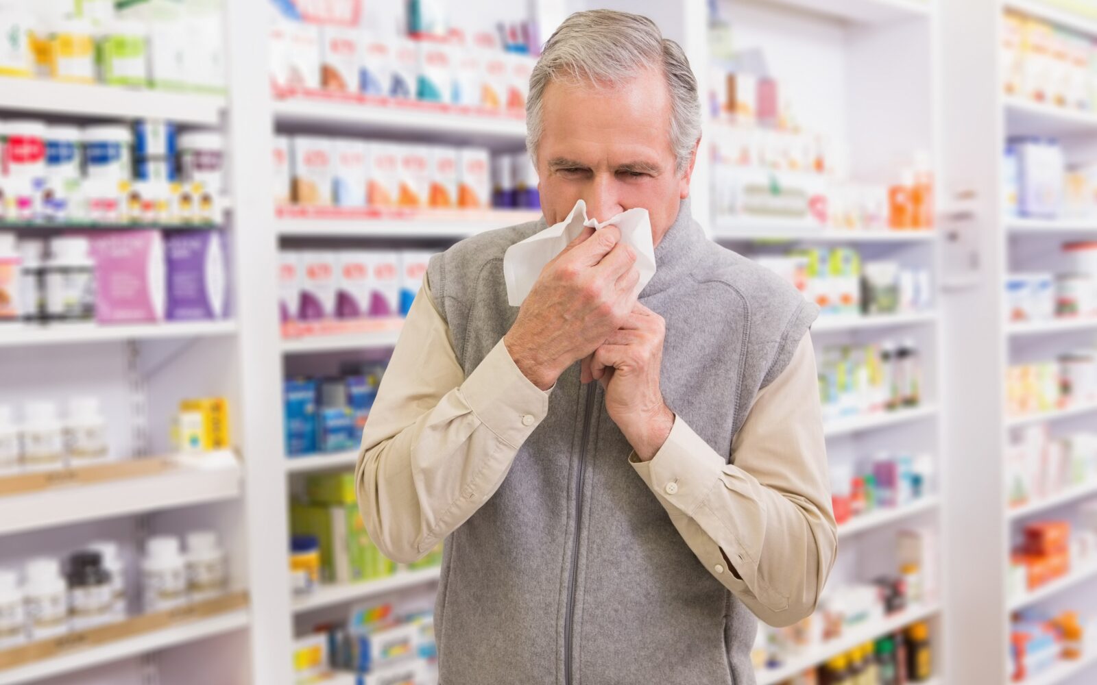 Prehlajen moški si briše nos in je v lekarni