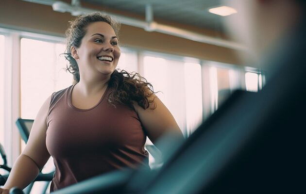 Ženska s prekomerno telesno težo vadi v fitnesu; ob hujšanju so pomembne vaje za moč, da se ne izgublja mišična masa