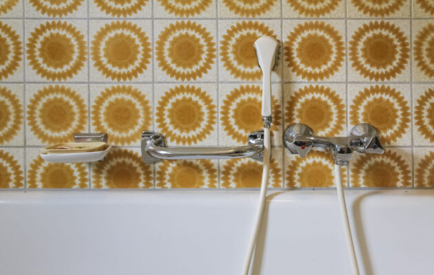 Kopalnica s tušem in ročajem za oporo, primer prostora, ki je lahko za osebo z demenco vir strahu pri tuširanju.